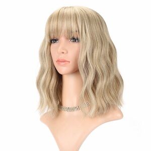 NWT Blonde Wig With Bangs 12" Blonde Bob Golden Shoulder Length Wavy Cosplay